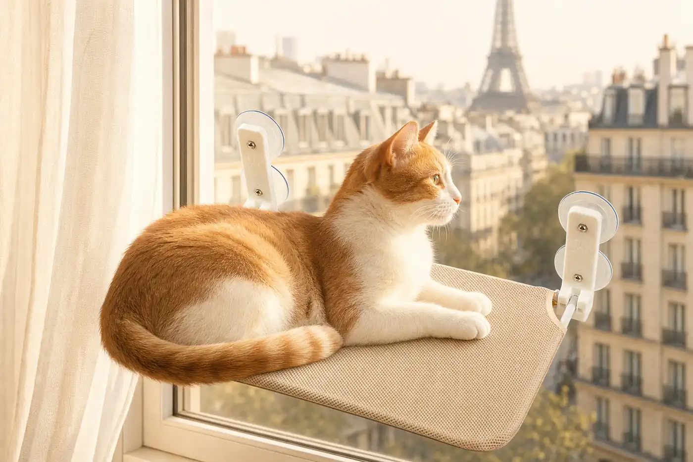 Ginger cat stretched out on a beige window hammock held on the glass by two suction cups, morning light