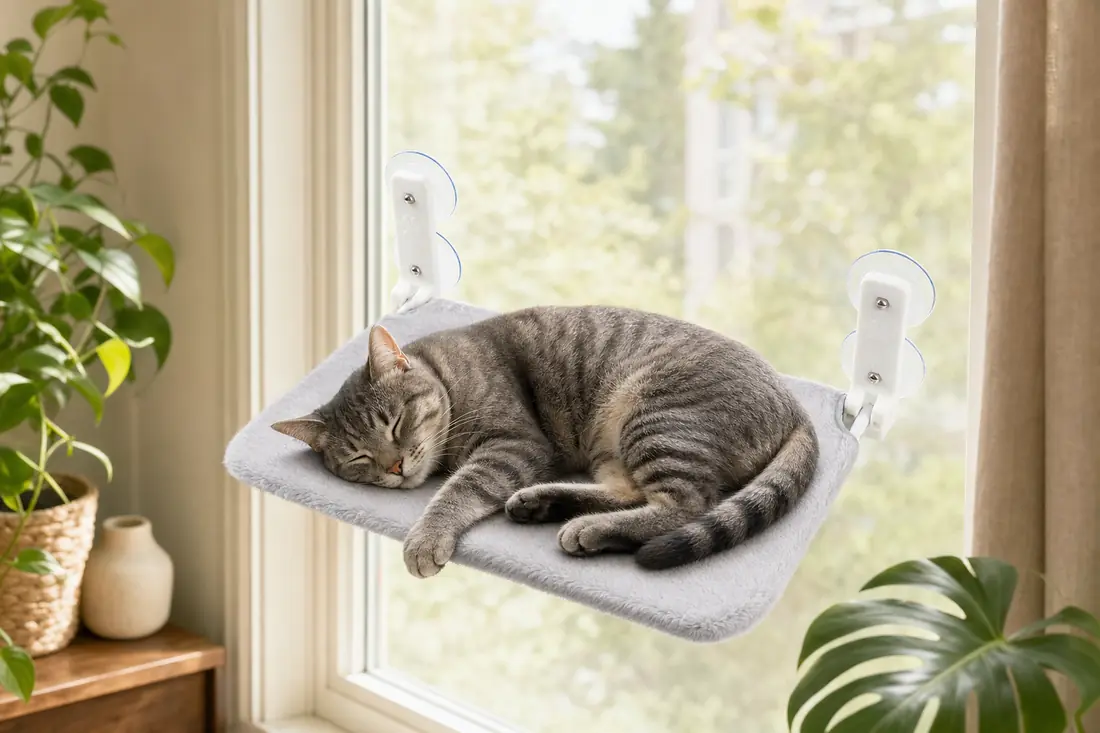 Tabby cat asleep on a gray window hammock in front of a large window surrounded by plants