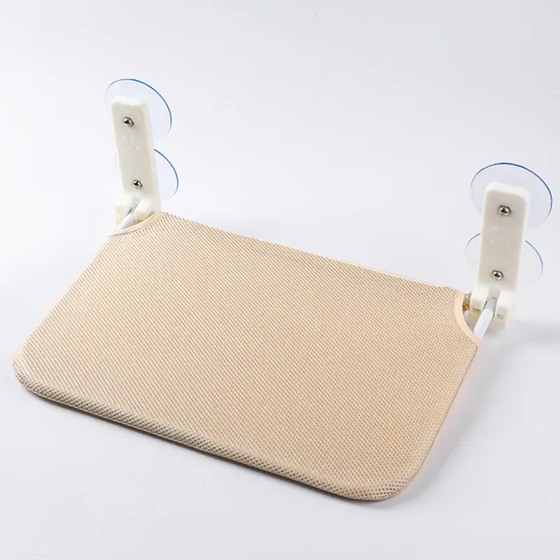 Beige cat window hammock, 45 x 30 cm, three-quarter view showing both arms and its suction cups