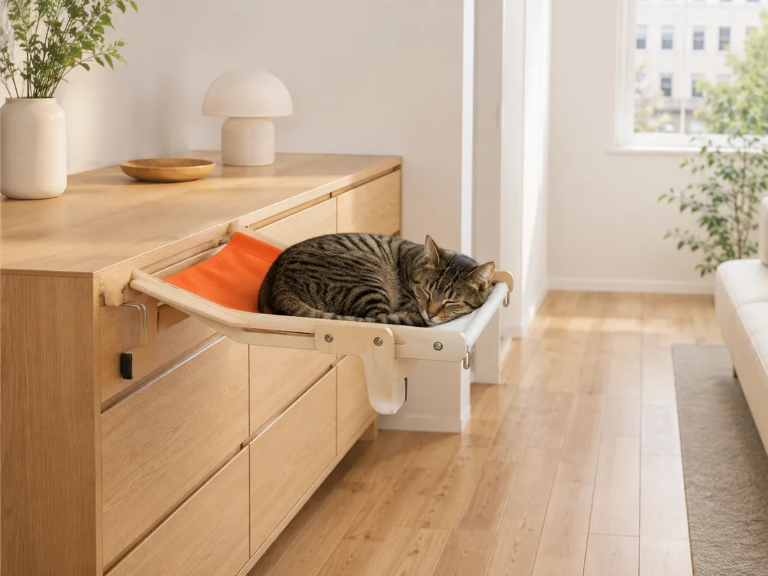 Wooden-frame hammock with ecru and orange canvas, clamped to the edge of a light wood dresser, a tabby cat curled up