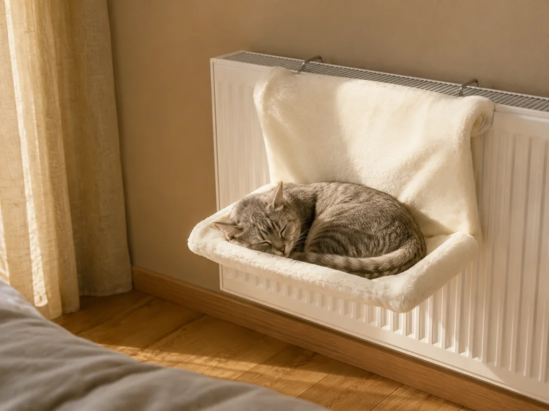 Cream plush radiator bed hooked onto a white radiator, a light gray cat asleep curled in a crescent