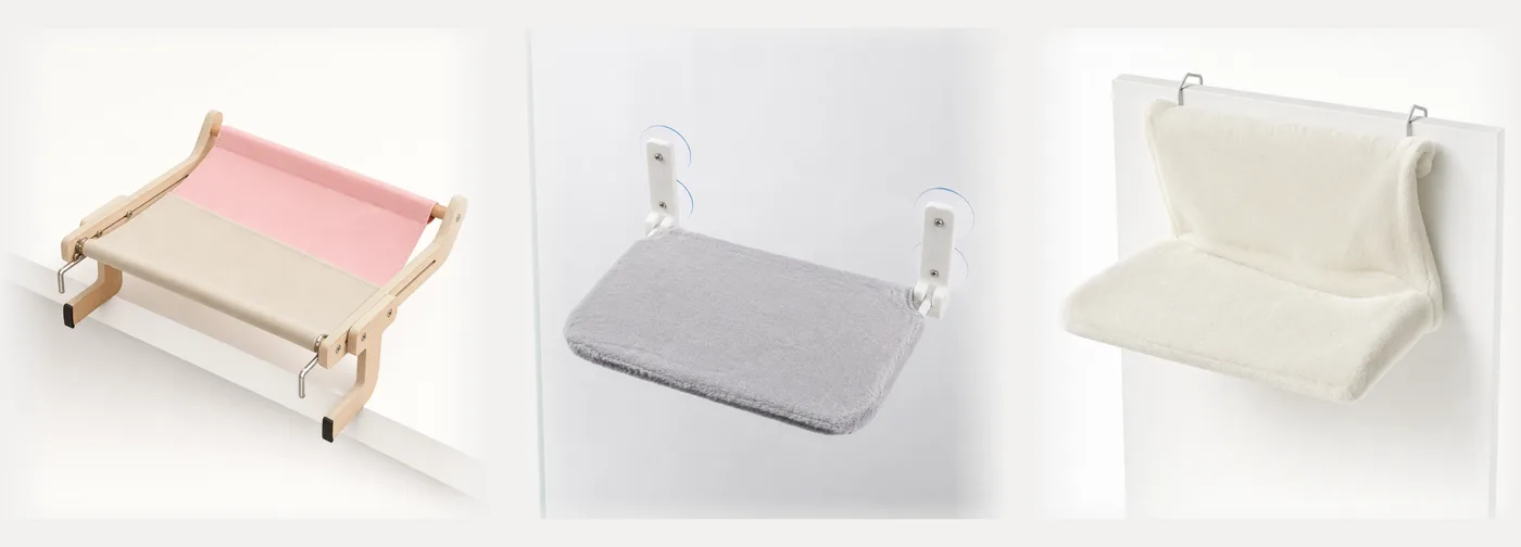 The three models with no cat: wooden frame with pink canvas, suction platform in gray plush, cream radiator bed