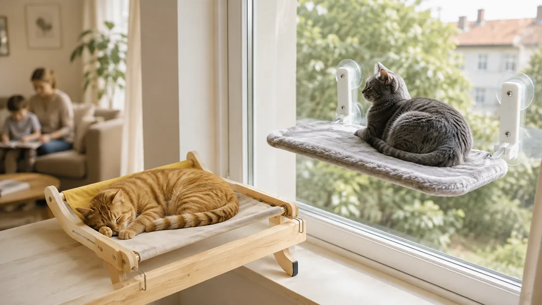 Bright living room with two beds: a ginger cat on the wooden sill perch, a gray cat on the suction platform