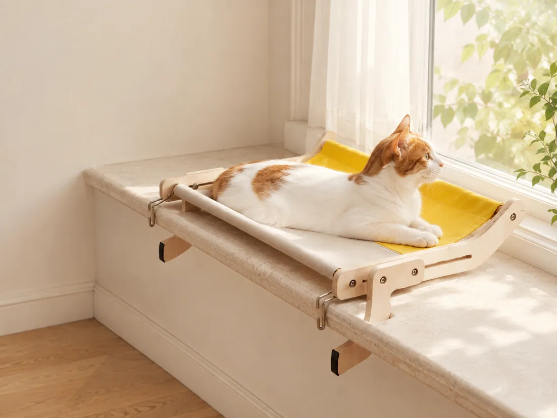 Light plywood frame with ecru and yellow canvas clamped on a window sill, metal hooks visible underneath