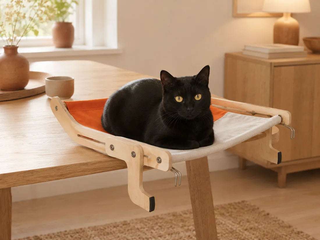 Wooden-frame perch with ecru and orange canvas clamped on an oak table top, a black cat lying in the sphinx position