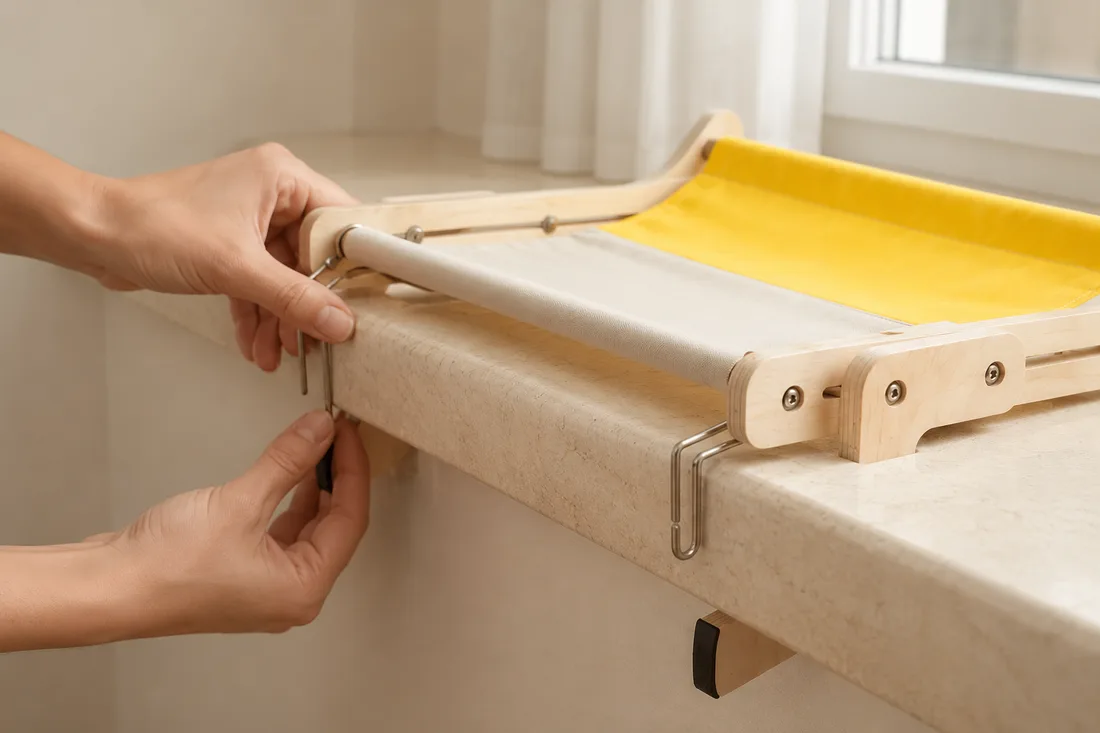 Two hands engaging the metal hooks of the yellow canvas perch under a stone window sill, no tools in use