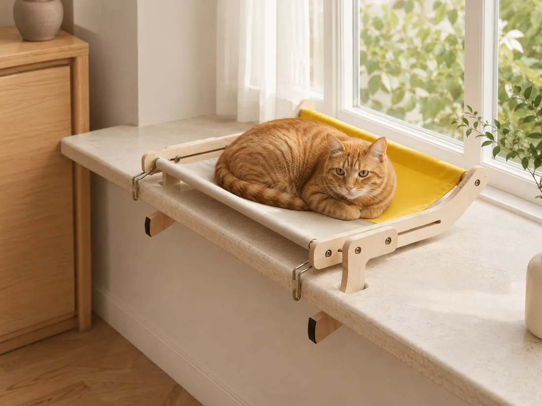 Large ginger cat curled up on the yellow canvas perch clamped to a wide window sill