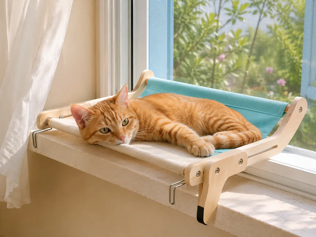 Teal canvas perch clamped to the sill of an open window, a short-haired cat stretched out, light curtains behind