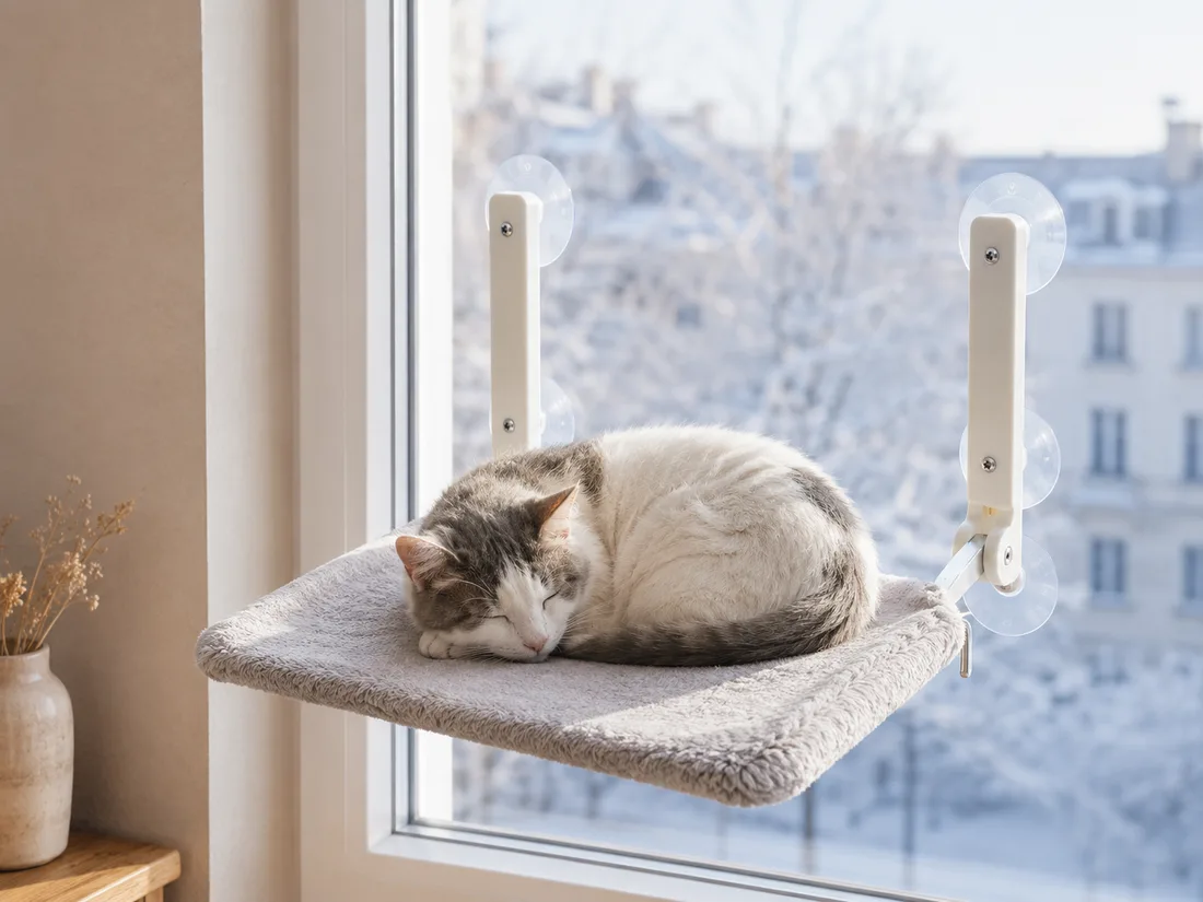 Gray plush platform mounted on a window, a white and gray cat asleep curled up, four suction cups visible