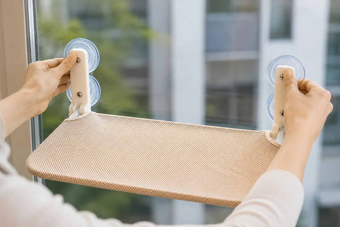 Two hands pressing the upper suction cups against the pane, the beige mesh platform already levelled