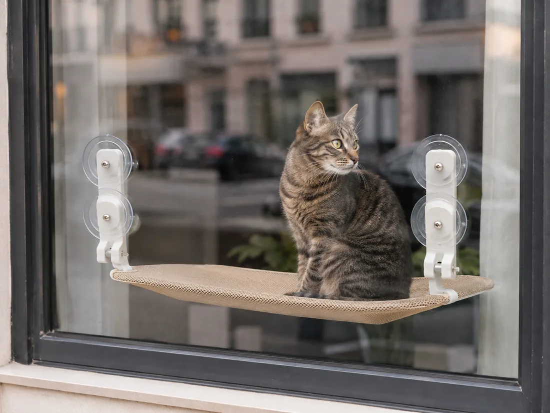 Seen from outside: a cat sitting on the beige platform behind the glass, cups and arms visible from the back