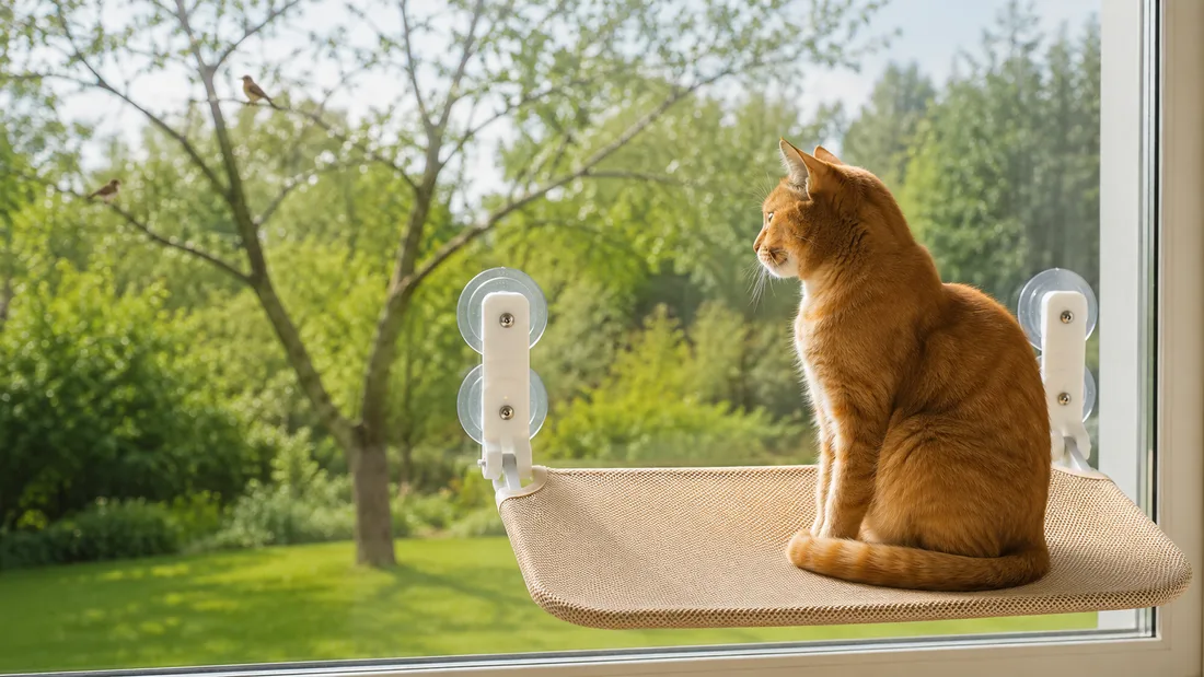 Ginger cat sitting on the beige mesh platform, watching two birds in a tree in the distance
