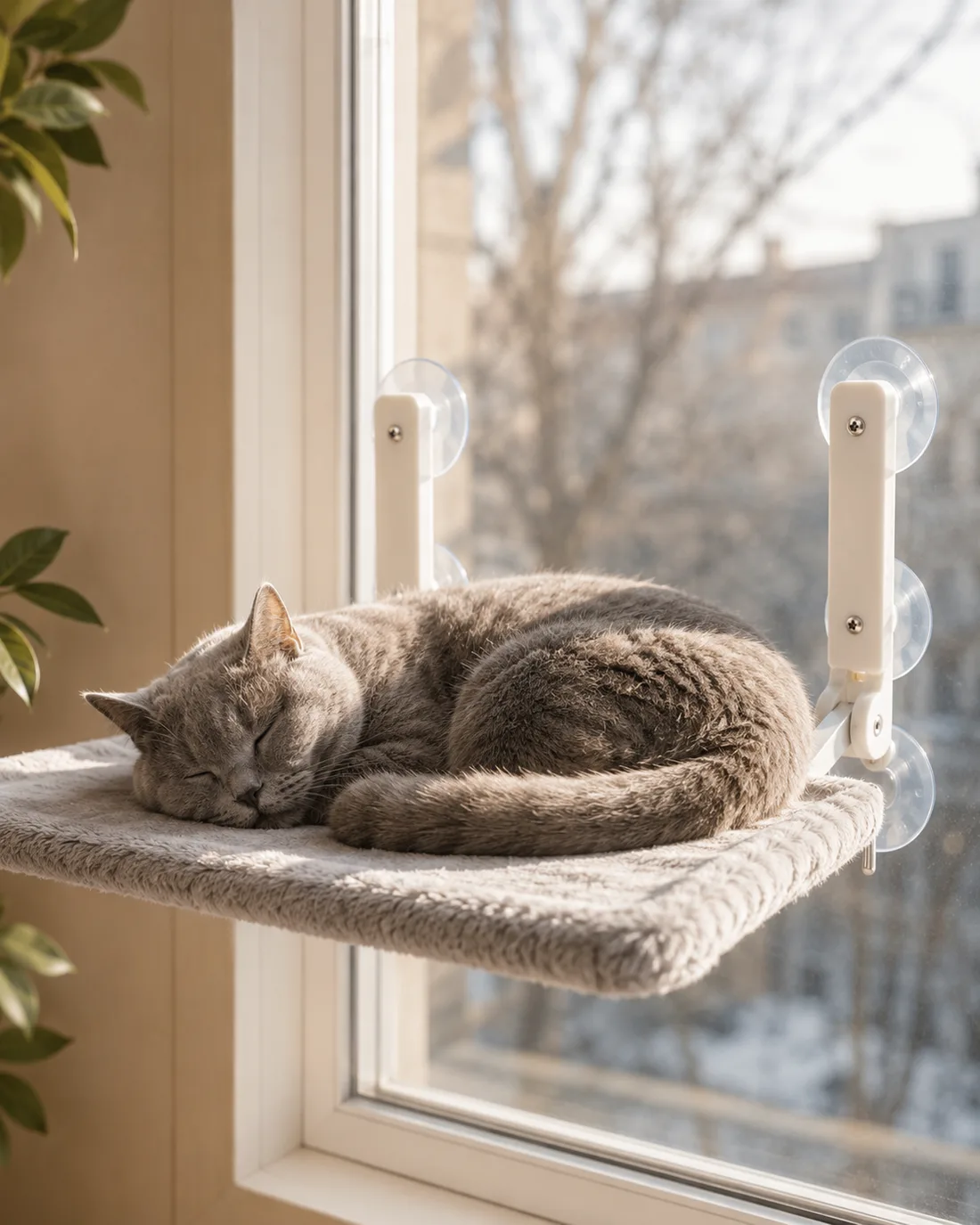 Vertical portrait of a gray cat asleep on the gray plush platform in a patch of sunlight