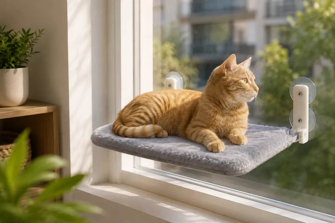 Side view of a large cat lying on the gray platform, all four suction cups in contact with the glass