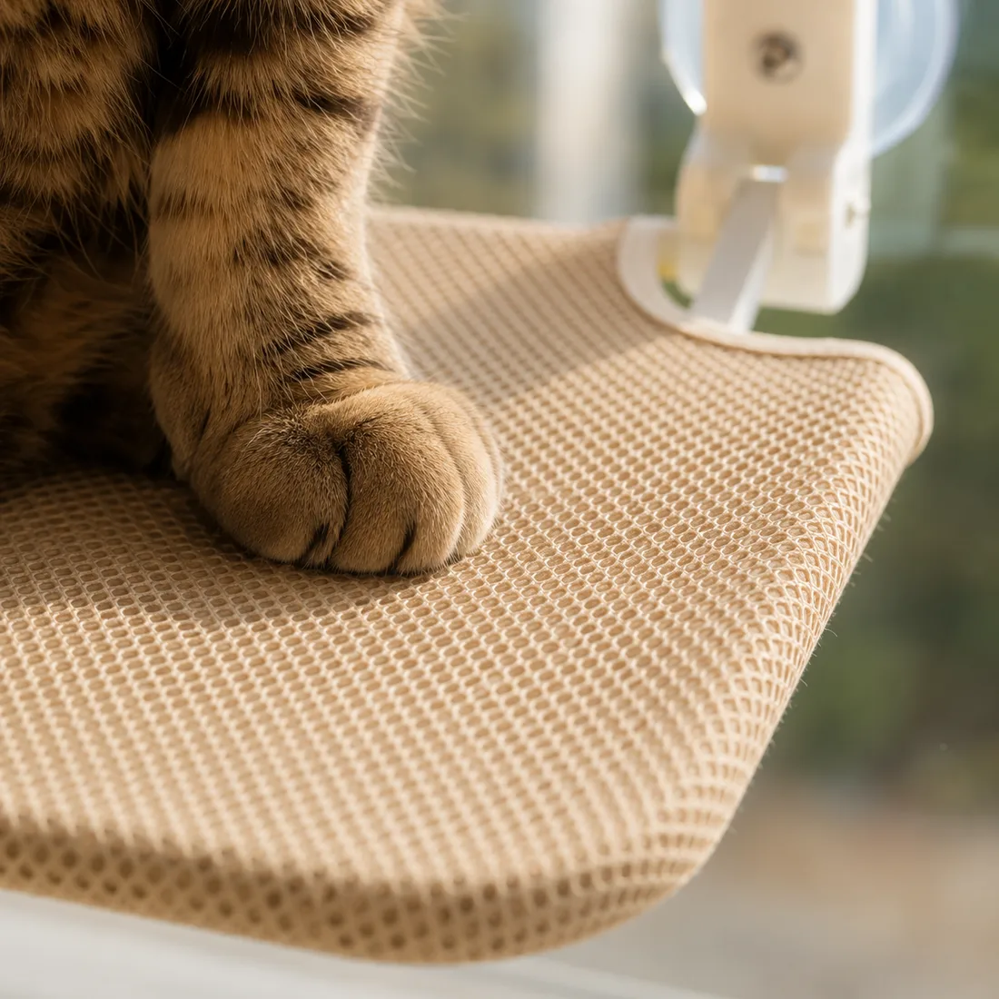Macro shot of the beige mesh under a cat's front paw, weave and perimeter stitching visible