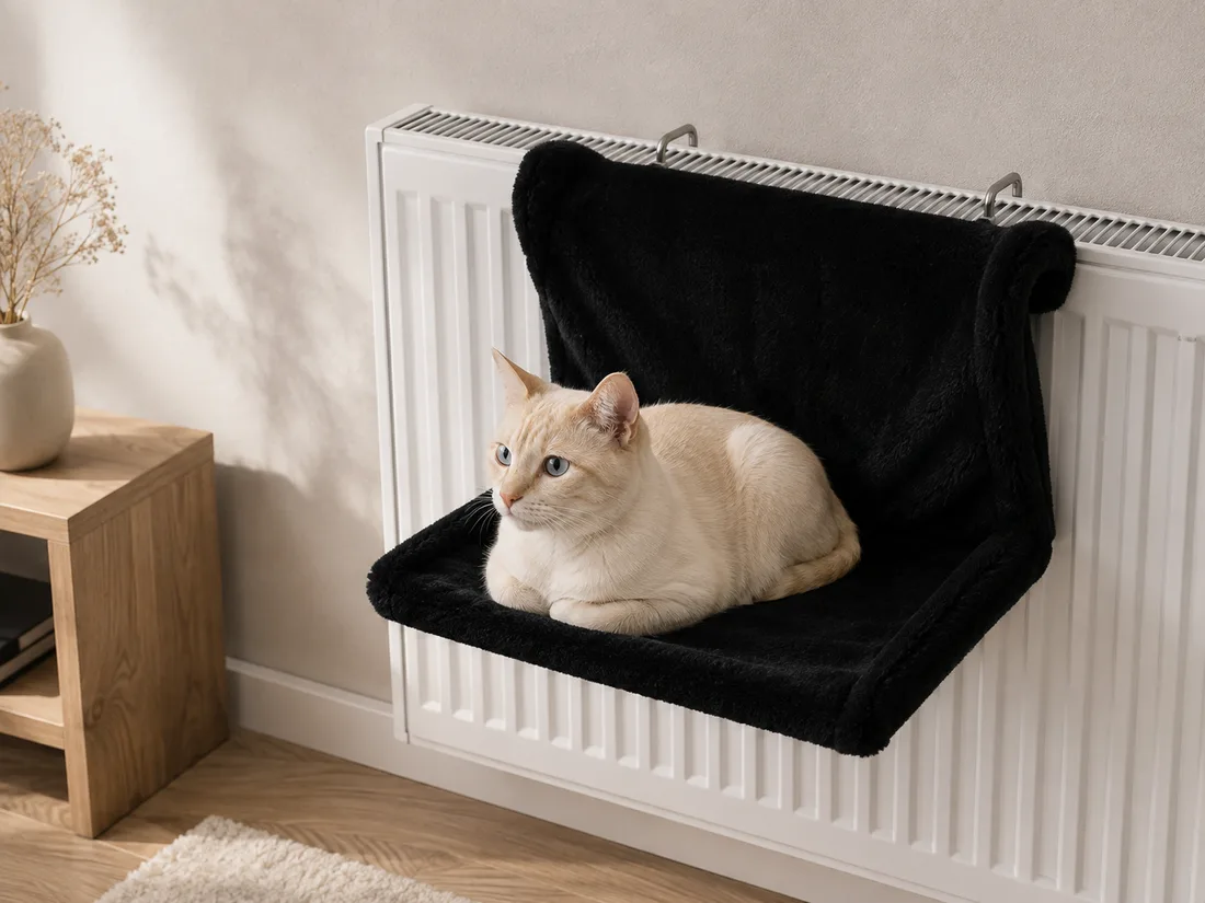 Black plush radiator bed hooked onto a white radiator, a cream cat lying in the sphinx position