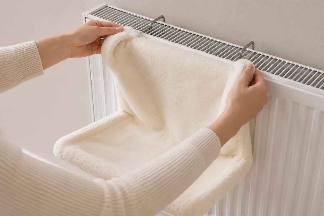 Two hands fitting the cream bed onto the top edge of a radiator, both metal hooks dropping over the rim