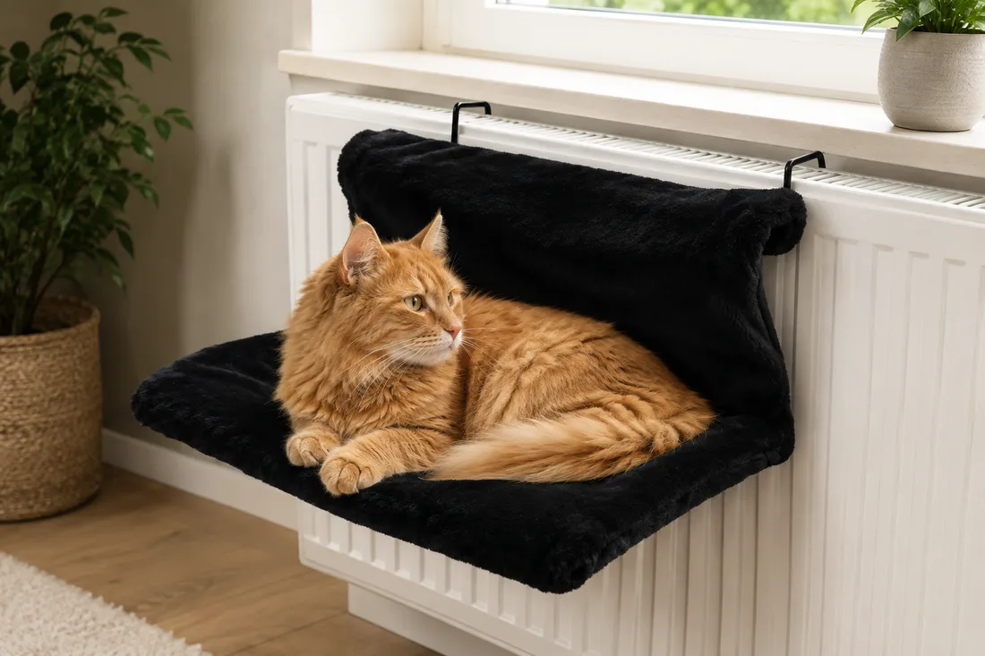 Black plush radiator bed on a radiator, a long-haired ginger cat lying in it