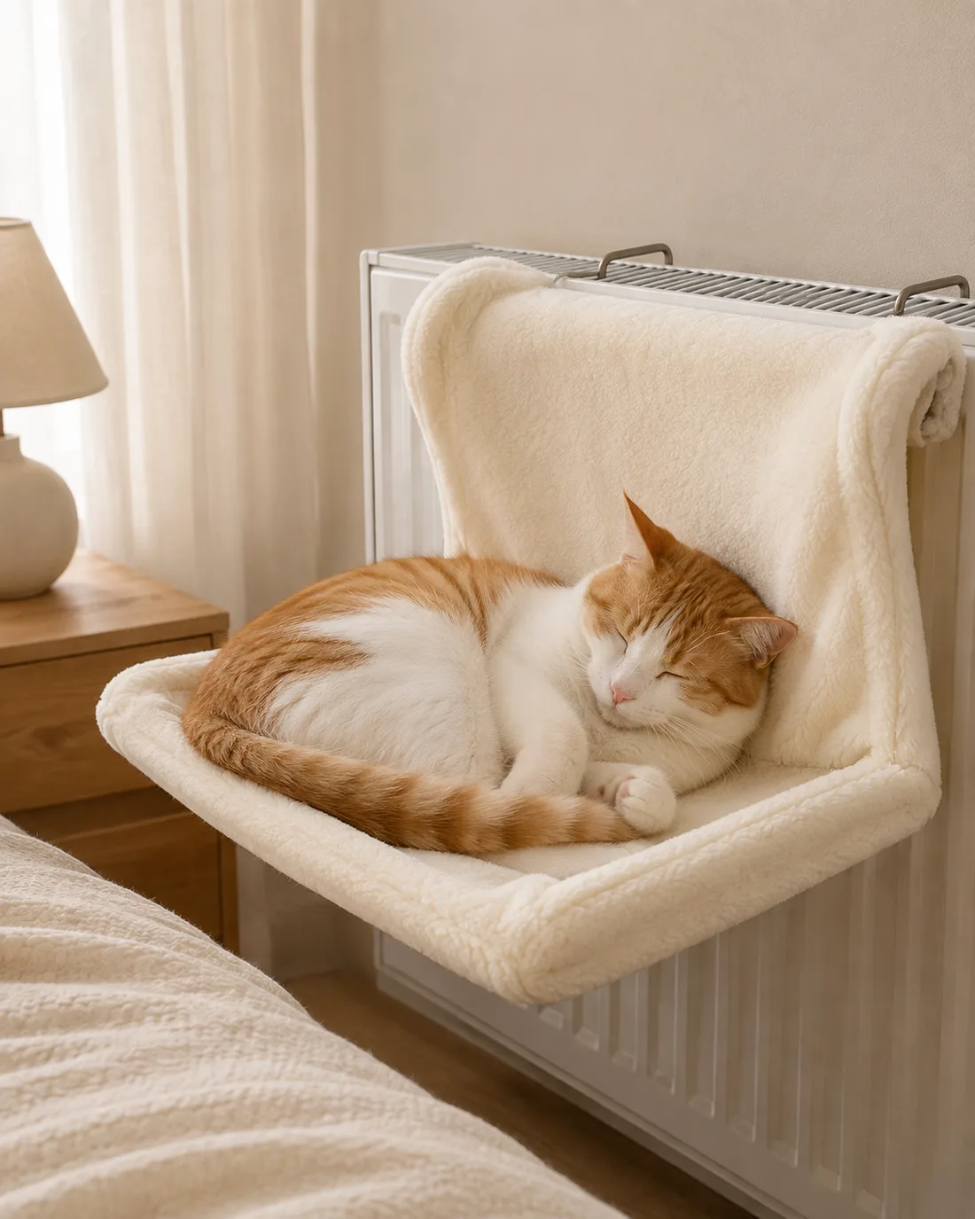 Vertical portrait of a white and ginger cat asleep in the cream radiator bed, head against the backrest