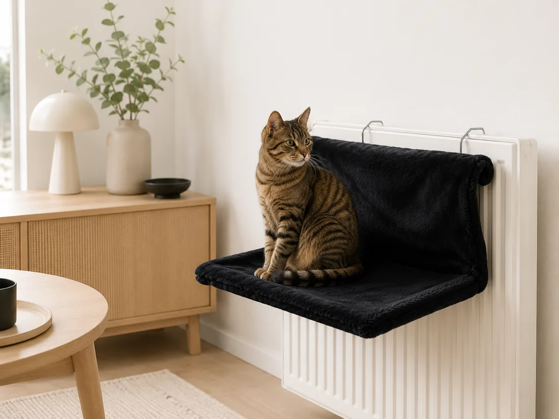 Black radiator bed in a bright Scandinavian interior, a brown tabby sitting in it, hooks visible on the radiator