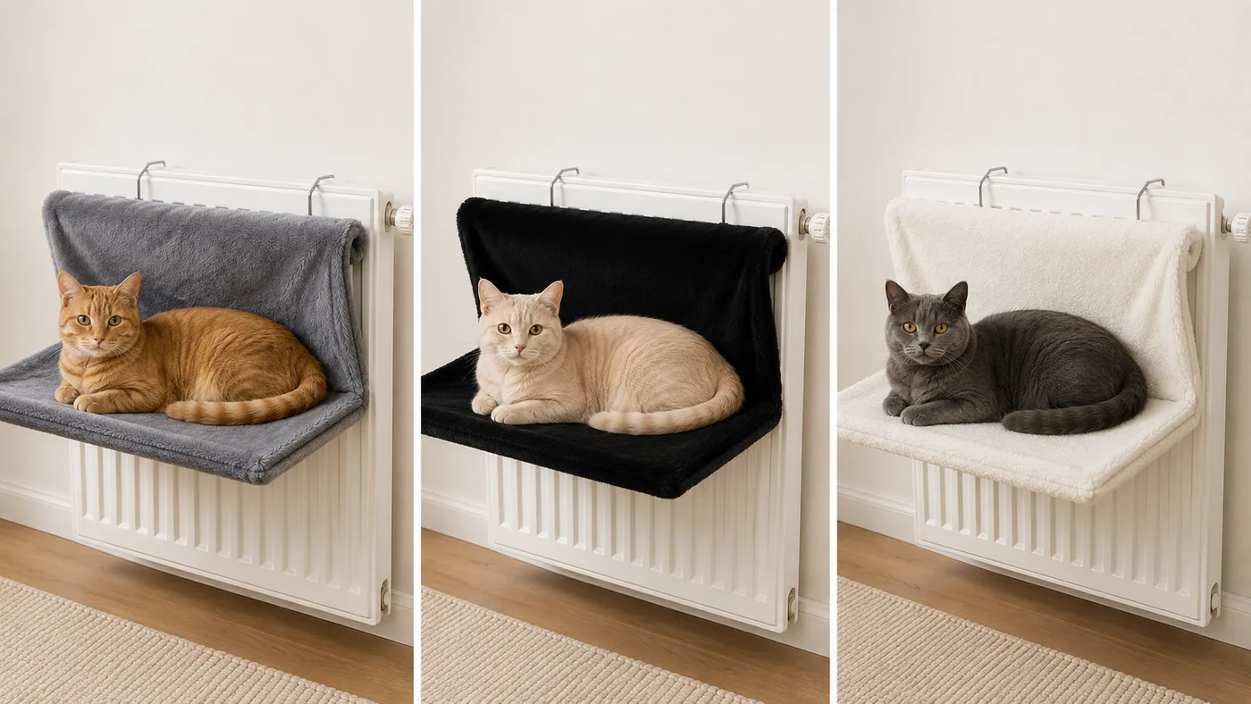 The three colors of the radiator bed in three identical scenes: gray, black and cream on the same radiator