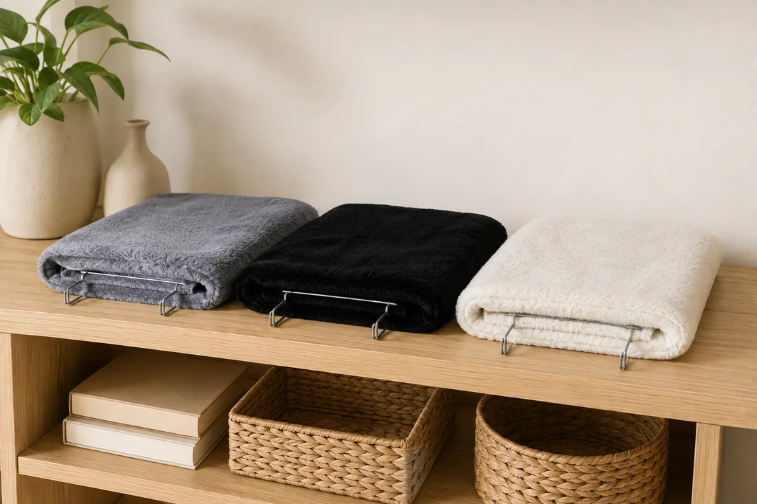 The three radiator beds taken down and folded flat side by side on a wooden shelf